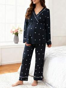 Moonlight&Mama 2pcs Heart Print Trim Nursing Maternity Long Sleeve Pajama Set