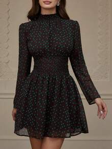 Revavyn 撞色印花雪纺立领抽绳腰A字长袖优雅浪漫女装 - 咖啡 - 查看 6