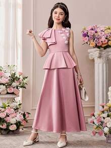 Pitira Vestido de satén tejido rosa para adolescentes con decoración floral 3D y volante asimétrico en la cintura, vestido casual para fiesta de cóctel, temporada de bodas - Rosa - Ver 4