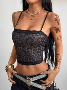 Coolane 女式四季/夏季 Y2K 休闲街头服饰音乐节罗纹针织撞色豹纹蕾丝弹力棕色修身背心 - 棕色 - 查看 3