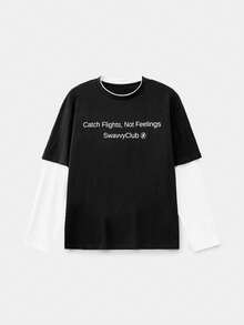 Manfinity Unisex 男士撞色二合一圆领长袖字母印花休闲T恤