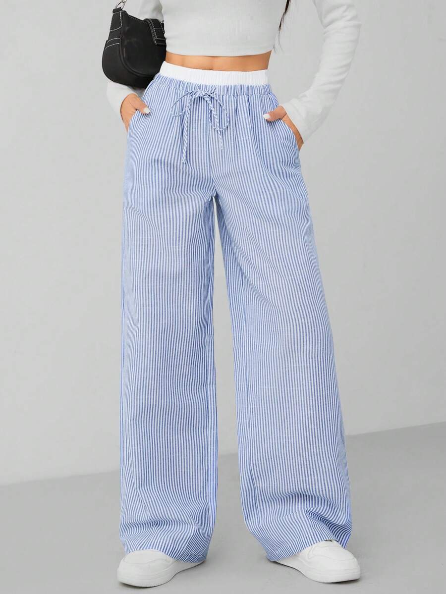 SHEIN PETITE Autumn Blue Striped Contrast Waist Woven Women's Trousers - Baby Blue - View 1