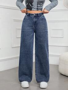 SHEIN ICON Women's Solid Color Casual Denim Jeans - Blue - View 4