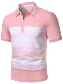 Calvornis 男士粉白條紋 Polo 衫，短袖夏季休閒拼色高爾夫 Polo 衫，學院風圖案通勤正式款，男友禮物，儀式感 - 粉色 - 查看 5