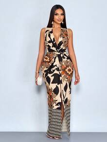 Women's Elegant Chain Print Deep V-Neck Twist Design High Slit Thigh Sleeveless Maxi Dress,Lightweight Spring-Summer Holiday Outfits - Black - View 5