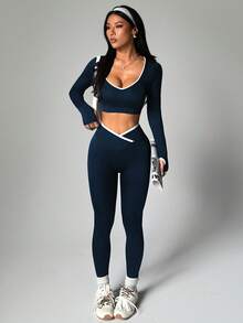 SHEIN Dewbera Bộ đồ thể thao liền mạch màu tương phản 2 món cho nữ - Nhiều màu - Xem 5