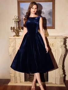 Vintamour Vintage Elegant Women's Dress With Pockets Velvet Pearl Chain Party Holiday Cocktail Dress Fall Clothes For Women Halloween Costumes Winter Clothes Christmas Winter Dress Women Autumn Clothes For Women Halloween Clothes For Women Christmas Clothes For Women Christmas Party Dress New Year Dress Thanksgiving Outfit For Women Elegant Dresses For Party - Royal Blue - View 8