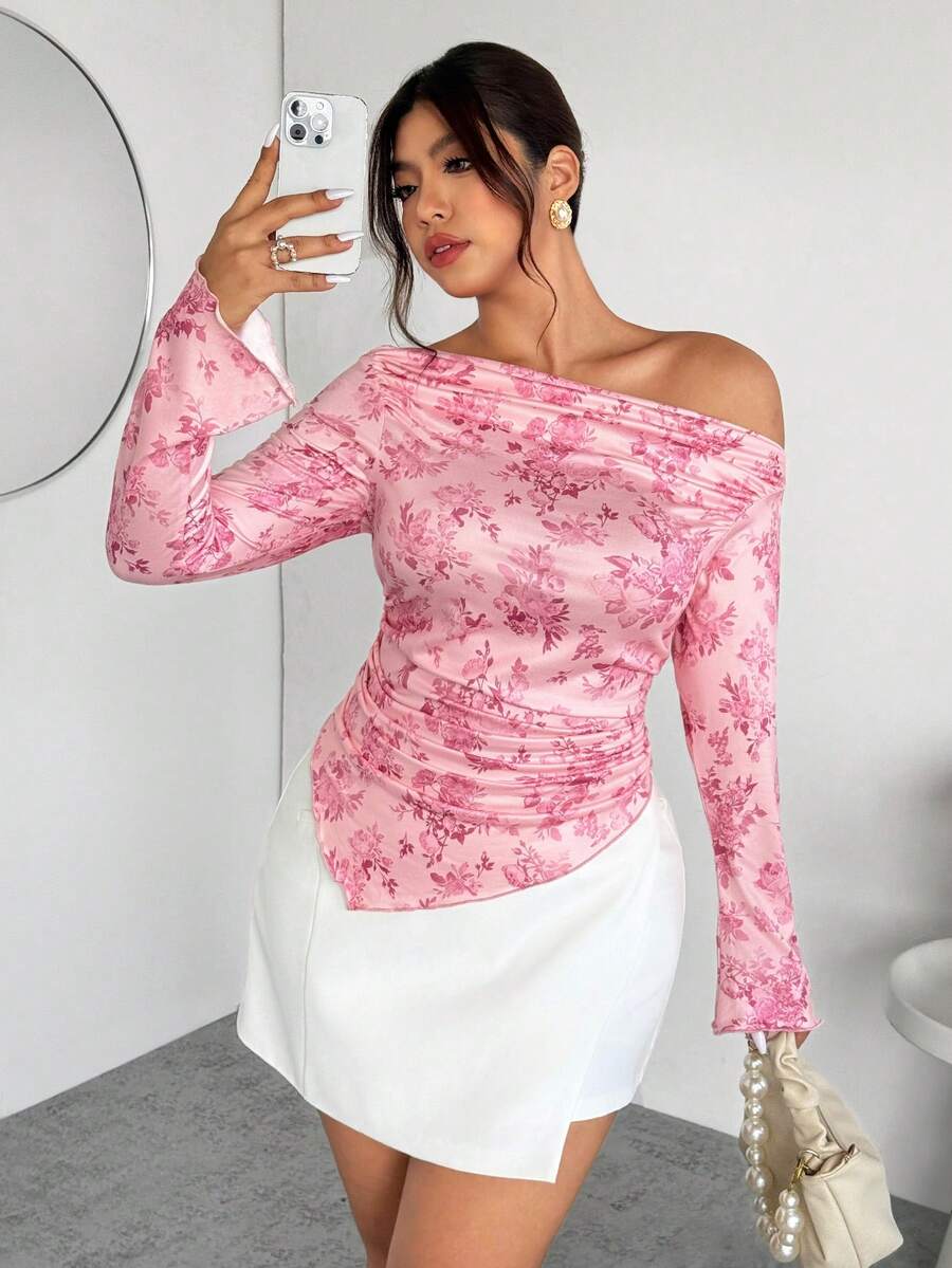 Firerie 大码女式优雅浪漫扎染印花长袖不对称下摆T恤 - 粉色 - 查看 1