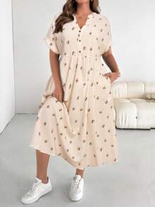 Shapeblank 大码女式婴儿连衣裙、宽松连衣裙、夏季短袖连衣裙、宽松舒适的大码服装、印花连衣裙、度假连衣裙、女士休闲连衣裙、返校节连衣裙、女士教堂连衣裙、女士休闲连衣裙、教师服装、大码泡泡裙、秋季女装、工作连衣裙、外出连衣裙、休闲连衣裙 - 杏色 - 查看 3