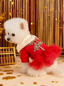 PETSIN 1 Stück Haustierkleid, rotes Prinzessinnenkleid für Neujahr, Katzen- und Hundeuniversalkleidung, dickes, flauschiges Tüllkleid für den Winter - Rot - Übersicht 4