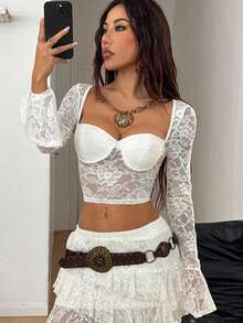 Coolane 女士秋冬街头服饰音乐节复古波西米亚风 Y2K Gyaru 蕾丝白色修身紧身胸衣喇叭长袖上衣 - 白色 - 查看 3