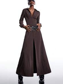 LYSMO Đầm dài tay nữ kẻ sọc, cài khuy nửa thân, kiểu dáng thường ngày. - màu nâu - Xem 7