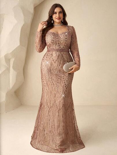 Coutiva Plus Size Elegant Square Neck Embroidered Pearl Rhinestone Design, Long Sleeves And Mermaid Skirt, Formal Evening Dress, Wedding Guest Dress, Prom Dress, Party Dress, Graduation Ceremony, Start Of School Dress Valentines Dress Elegant Dress Sequin Dress Floral Dress