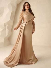 Coutiva 优雅秋冬高领长袖刺绣亮片拼接缎面鱼尾裙正式晚宴礼服，适合婚礼宾客、毕业舞会、派对、开斋饭等场合。 - 香檳色 - 查看 5