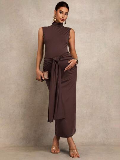 MaterniChic Maternity Solid Color Stand Collar Tie-Waist Sleeveless Fashionable Dress