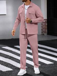 Manfinity Homme 2 piezas Conjunto de camisa de trabajo de pana para hombres Conjunto casual de dos piezas para hombres Conjunto de traje de ocio de 2 piezas para hombres Conjunto de chándal de 2 piezas para hombres - Rosa - Ver 8