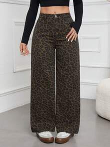 SHEIN ICON Women's High Waist Leopard Print Pocket Wide Leg Loose Casual Denim Pants - Multicolor - View 6