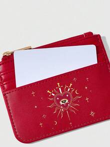 ROMWE Fairycore 日月星辰图案卡包零钱包 - 酒紅色 - 查看 5