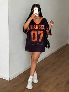 Maweii Áo thun lưới rộng mùa hè cho nữ cỡ lớn, áo thể thao màu xanh có in chữ - Nhiều màu - Xem 4