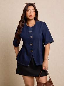 Elaquor 大码女式短袖单排扣休闲宽松牛仔衬衫 - 深色水洗藍 - 查看 3