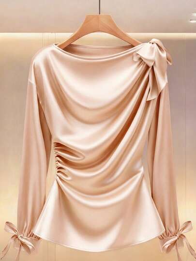 Modelyn Solid Color Elegant High-Quality Satin Pleated Bow Tie Waist Long Sleeve Women Blouse