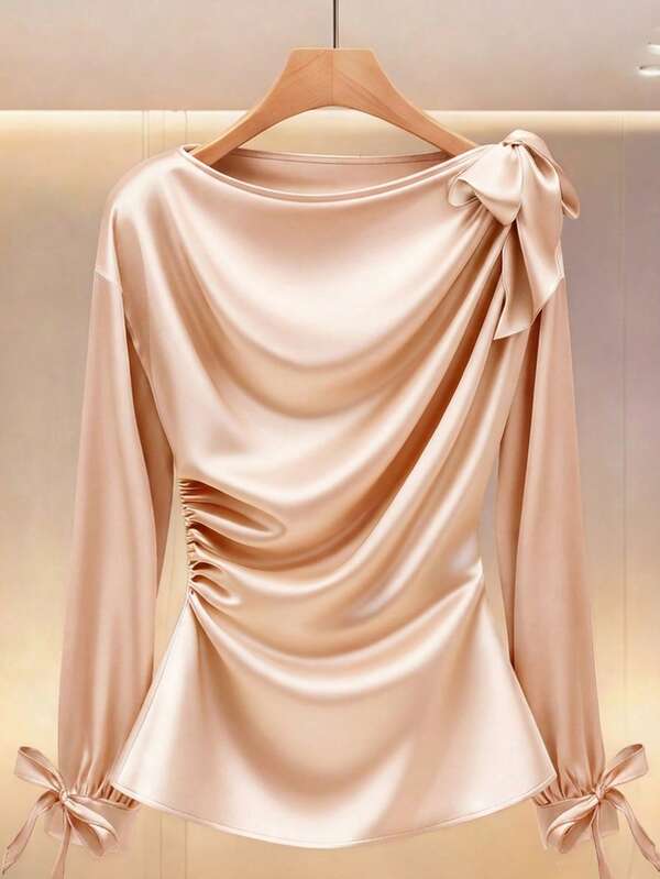 Modelyn Solid Color Elegant High-Quality Satin Pleated Bow Tie Waist Long Sleeve Women Blouse