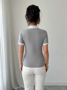 Elenzga 女士优雅复古风二合一商务休闲T恤，适合办公室和返校季穿着 - 淺灰色 - 查看 2