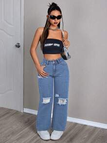 SHEIN PETITE Quần jeans nữ màu trơn, thích hợp mặc hàng ngày. - Rửa nhẹ - Xem 4