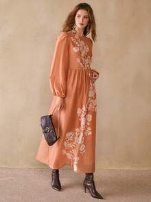 Florisole 女士印花灯笼袖优雅收腰连衣裙，适合度假和派对穿着 - 杏色 - 查看 5