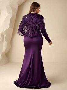 Coutiva Plus Size Elegant Long Sleeve Embroidered Cape With Pearl Rhinestone Design Hem Mermaid Skirt With Side Draping Design Suitable For Mother Of The Bride Dress, Wedding Guest Dress, Formal Dinner Dress Valentines Dress Elegant Dress Sequin Dress Floral Dress - Purple - View 3