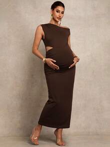 MaterniChic 孕妇纯色不对称无袖镂空褶皱修身连衣裙 - 棕色 - 查看 10