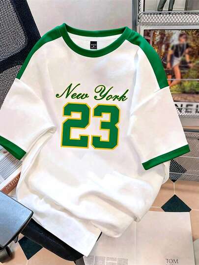 Manfinity Joysei Camiseta de cuello redondo con estampado de letras, contraste de color en los puños y parches, adecuada para la escuela, salidas y deportes