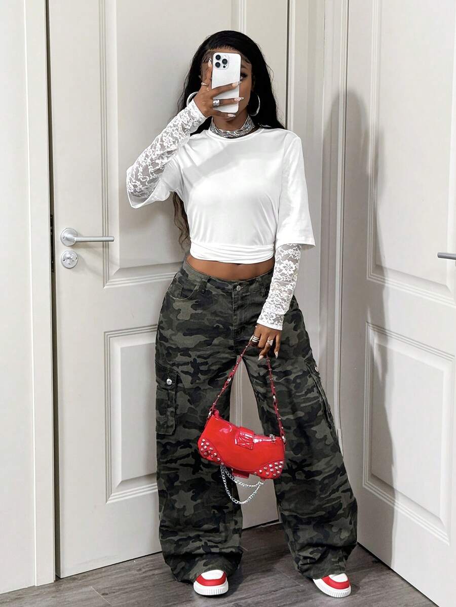 BamGleam 二合一蕾丝袖拼接白色T恤，时尚透视长袖宽松休闲上衣 - 白色 - 查看 1