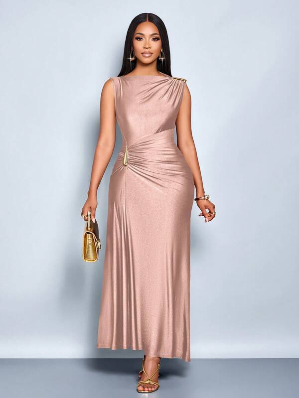 SOLERSUN Vestido elegante de mujer con decoración de metal de unicolor, ajuste delgado, adecuado para el uso diario, compras, fiestas y reuniones