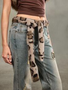ROMWE J-Fashion 1 pieza Accesorio de vestido/jeans con decoración de flecos y lazo en la cintura con estampado de leopardo y pelaje para mujer, versátil para uso diario - Pelo corto con estampado de leopardo blanco - Ver 3