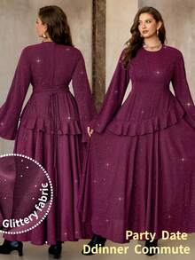 Roveilla 大码女士优雅休闲连衣裙，浪漫法式西西里风格，适合通勤、度假、下午茶、圣诞派对等场合，纯色带银粉点缀，圆领，腰带设计，喇叭袖，荷叶边下摆，长袖，及地长裙。Najma连衣裙，土耳其连衣裙，阿拉伯女式连衣裙，长袖优雅连衣裙，紫色优雅连衣裙，紫色女士晚礼服，端庄女士连衣裙，伊斯兰女士连衣裙，梅子色连衣裙，闪光面料连衣裙，女士长裙 - 紫紅色 - 查看 8