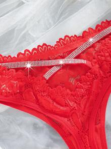 MidnightGlam Rhinestone Decor Lace Sexy Thong Panty Bridallingerie, Lingerie For Women,Sexy,Valentine's Day,Wedding - Red - View 6