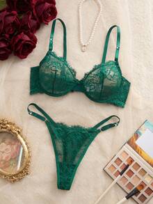 Floral Lace Underwire Sexy Bra & Panty Lingerie Set - Dark Green - View 6