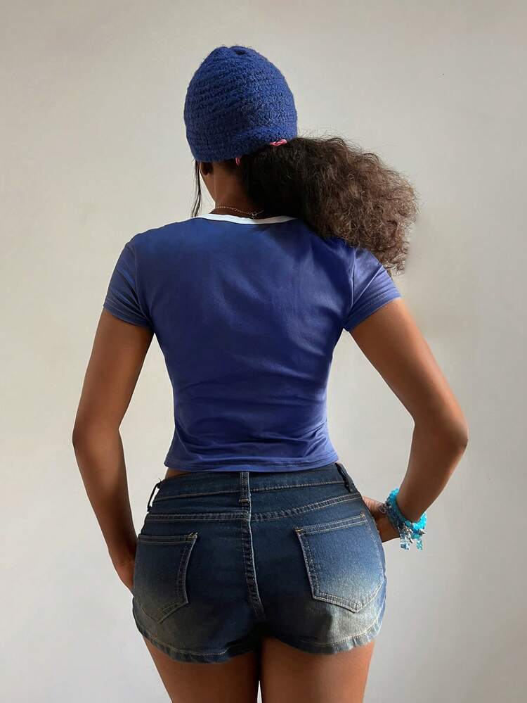 StreetHx 女士时尚U领印花短袖T恤 - 彩色 - 查看 2