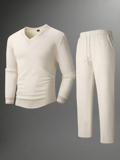 Manfinity Homme Men's V-Neck Solid Ribbed Long Sleeve T-Shirt And Drawstring Waist Pocket Long Pants Casual Mature Outfit Old Money,Daily Leisure, Weekend Trips, Outdoor Activities, Travel Expeditions, Relaxed Work Environments Or Semi-Formal Occasions, Boyfriend/Husband Gift, Anniversary /Birthday Gift Party Christmas New Years Wedding