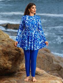 Swim Mulvari Plus Size Women Floral Print Long Sleeve & Long Pants Modest Swimsuit Set - Blue - View 3