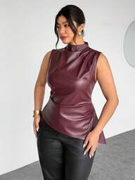 Firerie Plus Size Women Elegant Vintage Sexy Motorcycle Chic Solid Color PU Leather Asymmetric Hem Ruched Waist Slim Fit Tank Top, Suitable For Spring, Spring Outfits For Women, Summer, Autumn, Winter