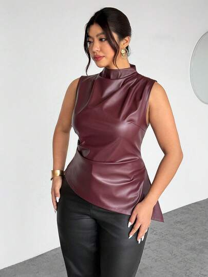 Firerie Áo tank top nữ cỡ lớn thanh lịch, cổ điển, gợi cảm, phong cách biker, màu trơn, chất liệu da PU, vạt bất đối xứng, eo nhún, ôm sát, thích hợp cho mùa xuân, hè, thu, đông.