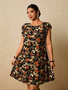 SHEIN VCAY 大码女式碎花圆领荷叶袖休闲连衣裙 - 黑色 - 查看 3