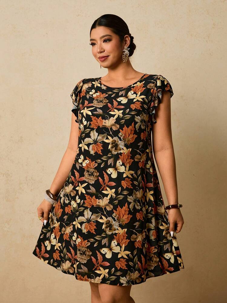 SHEIN VCAY 大码女式碎花圆领荷叶袖休闲连衣裙 - 黑色 - 查看 3