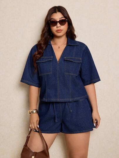 Elaquor Plus Size Women's Denim Collared Short Sleeve Utility Pocket Shirt And Denim Shorts Casual 2-Piece Set