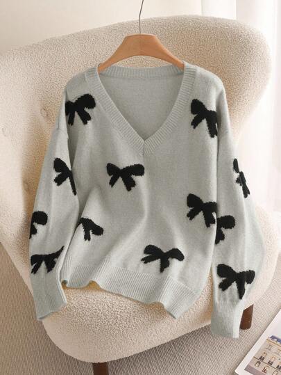 CosyJoli Plus Size Bow Decor V-Neck Casual Long Sleeve Pullover Sweater,Fall Clothes For Women Autumn