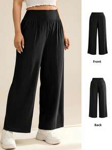 SHEIN Essnce Quần nữ cỡ lớn mùa hè và thu dáng rộng thoải mái, có túi, cạp chun, ống lửng, có túi, quần nữ, quần áo mùa thu, quần giáo viên, quần áo đi học, quần cho người có thân hình đầy đặn. - màu đen - Xem 6