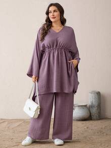 SHEIN Essnce 大码女装春秋时尚优雅宽松舒适日常V领收腰长袖不规则下摆上衣搭配阔腿裤浅紫色两件套，春季穿搭，裤装套装 - 紫色 - 查看 4