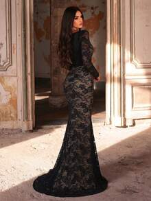 Glamrae 优雅奢华的薄纱长袖弹力蕾丝性感露背褶皱鱼尾连衣裙，适合婚礼、活动、派对、度假、盛会、正式场合（重磅）、情人节 - 黑色 - 查看 3